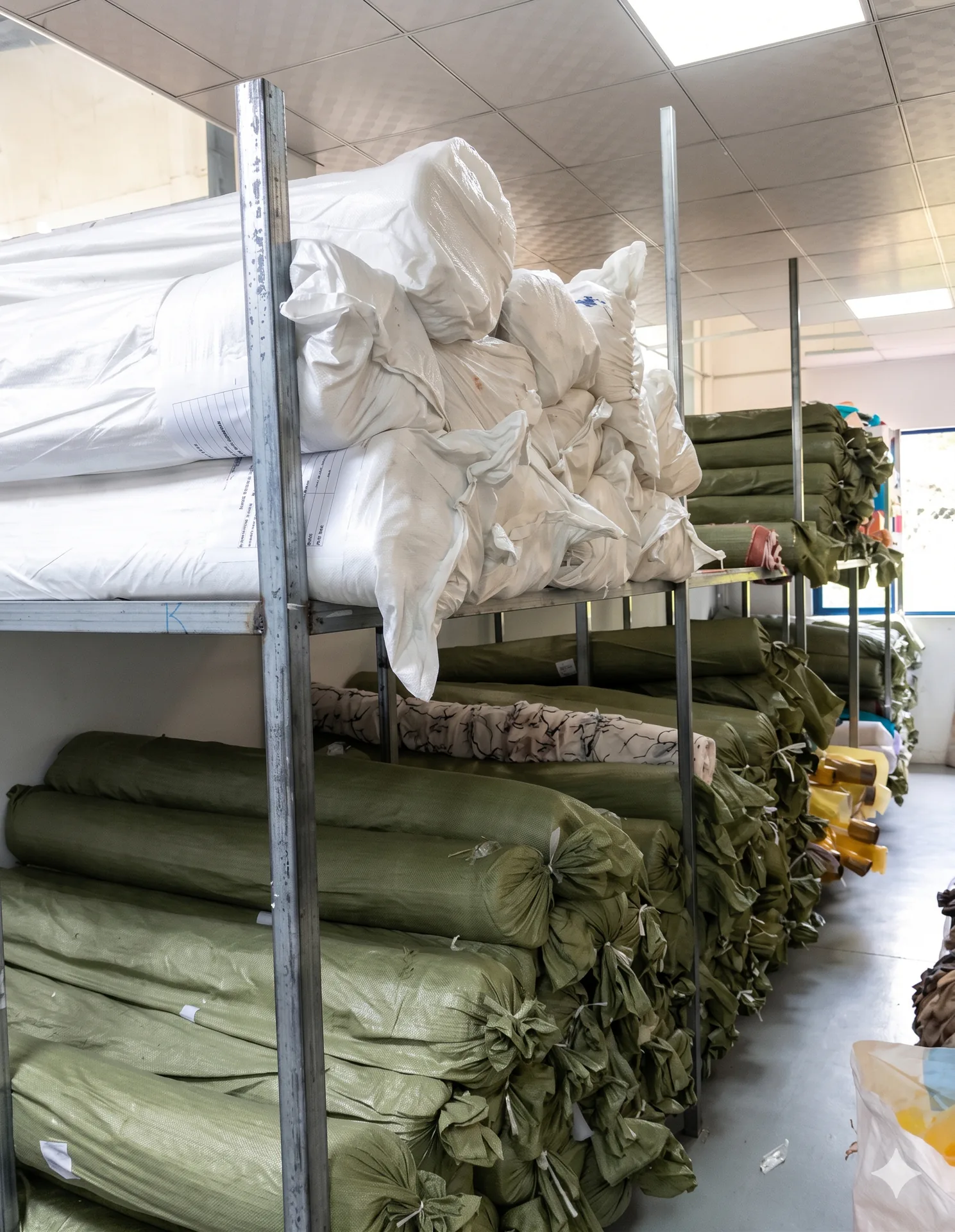 Fabric rolls stacked in the fabric store